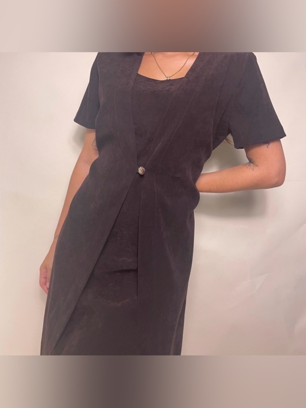 Vintage Brown Micro Suede Dress Layered Dress Leopard Print Button Accent Size 8